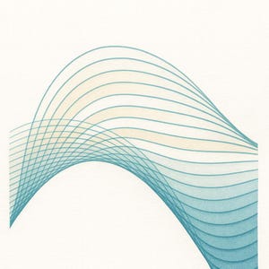 May include: Abstract art print featuring a wave-like design. The artwork showcases a series of parallel lines in shades of blue and teal, creating a sense of movement against a white background. The lines curve and intersect.