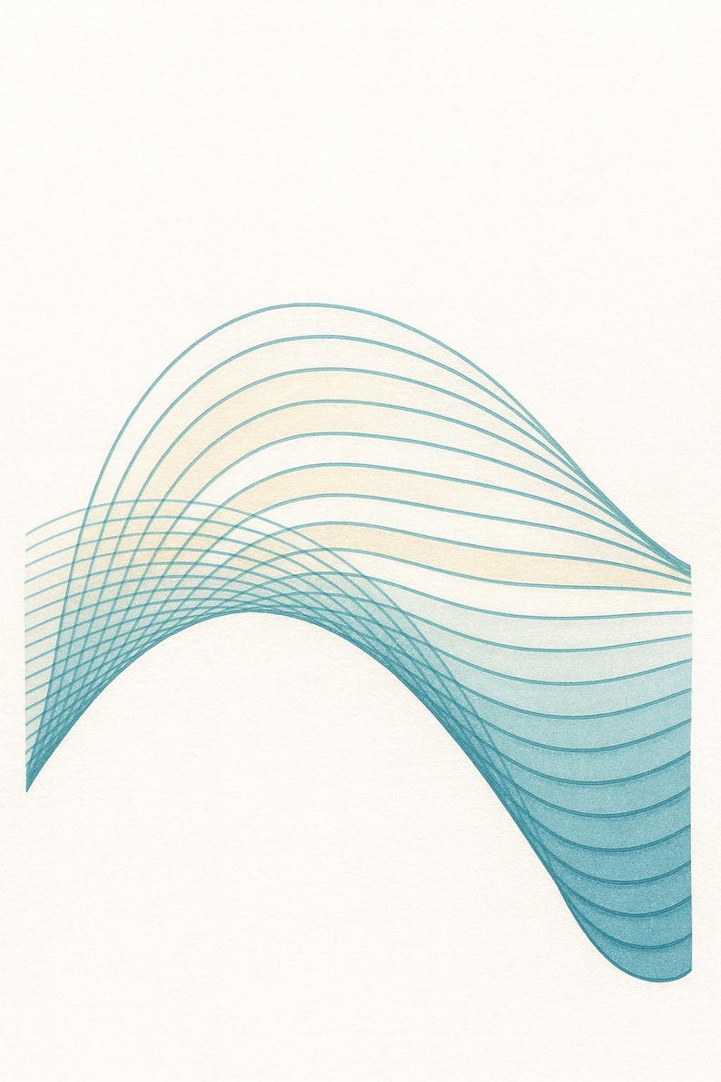 May include: Abstract art print featuring a wave-like design. The artwork showcases a series of parallel lines in shades of blue and teal, creating a sense of movement against a white background. The lines curve and intersect.