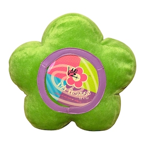 May include: A bright lime green plush flower-shaped picture frame with a purple circular border. The center features a colorful graphic insert with the text Vue 2+ fab frames 3.5 x 3.5 inches, showcasing a pink flower icon and swirling patterns.