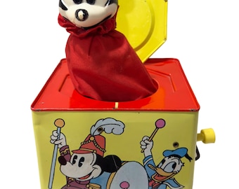 Vintage Disney Mickey Mouse Jack in the Box Tin Toy | Carnival Toys No. 956 | Donald Duck Graphics | Non-Working Display Piece
