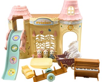 Calico Critters Nursery Playhouse Lot w/ Triplet Babies, Piano, Slide & Vintage Stroller