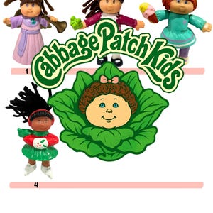 May include: A collection of Cabbage Patch Kids figurines. The dolls have various hairstyles and outfits, including dresses and accessories. The Cabbage Patch Kids logo is in the center, with a green cabbage leaf design. The dolls are numbered 1-4.