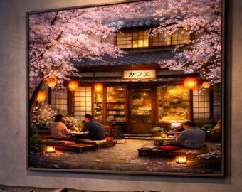 Japanese Cherry Blossom Cafe Wall Art, Sakura Night Scene Print, Cozy Japan Street Illustration
