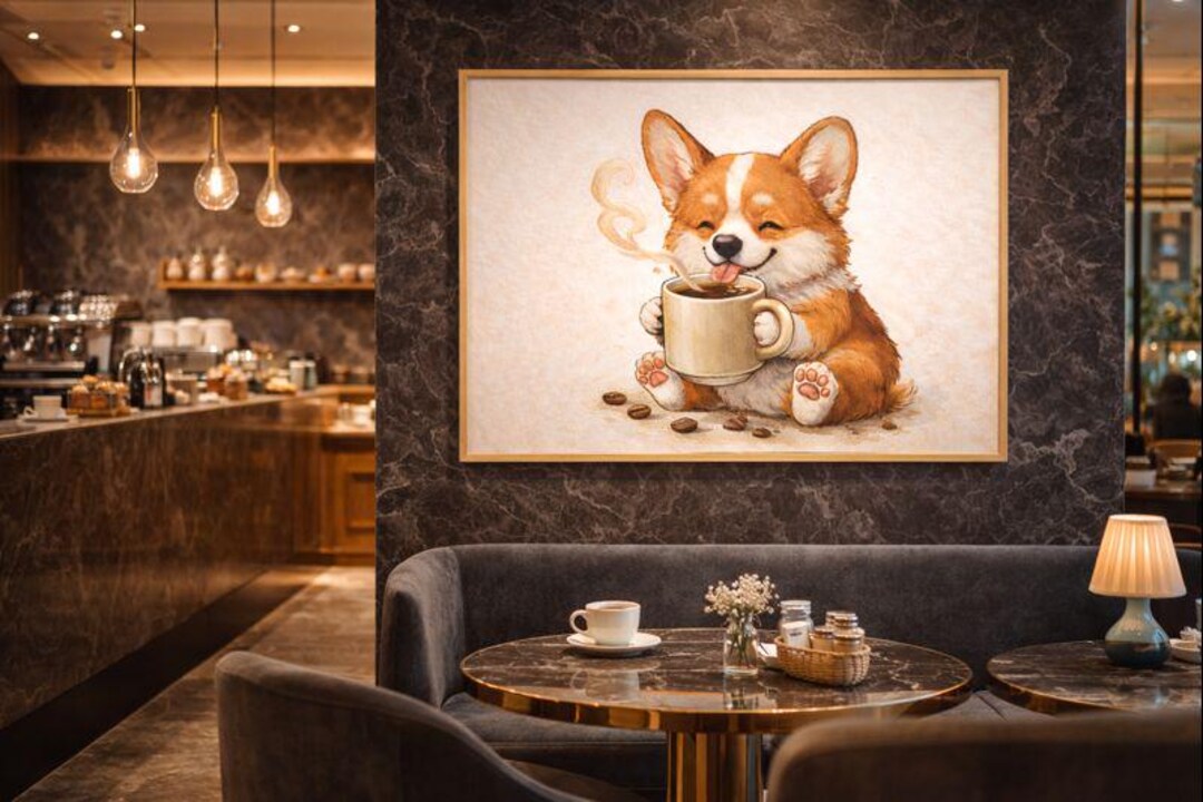 Corgi Drinking Coffee Printable Wall Art | Cute Dog Coffee Print ...