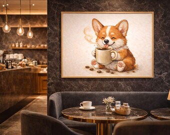 Corgi Drinking Coffee Printable Wall Art | Cute Dog Coffee Print | Coffee Bar Decor | Kitchen Wall Art | Dog Lover Gift | Digital Download