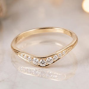 Vintage Curved Diamond Wedding Band, Chevron V Stacking Ring, Yellow Gold Bridal Band, Art Deco Nesting Ring, Gift for Her