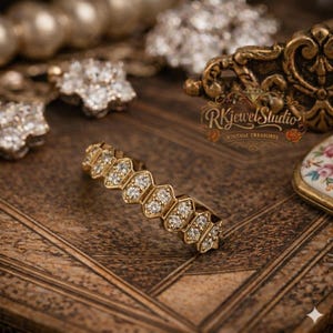 geometric hexagon eternity ring with round diamonds set in gold band, styled on antique background with warm tones and luxury aesthetic