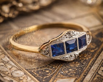 Anillo Art Déco vintage de diamantes de talla princesa, zafiro azul bicolor, anillo de boda, anillo de compromiso de tres piedras, regalo de piedra natal de septiembre.