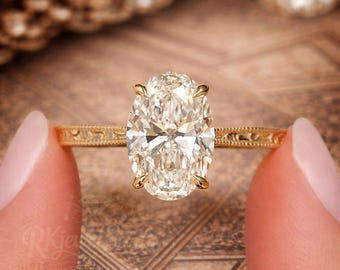 Anillo de compromiso Art Déco con solitario ovalado, banda grabada vintage, anillo de filigrana, oro, estilo antiguo.