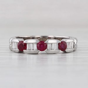 Art deco  Ruby Diamond Wedding Band Alternating Ruby Baguette Diamond Ring, Stackable Anniversary Band, July Birthstone Ring Gifts For Her