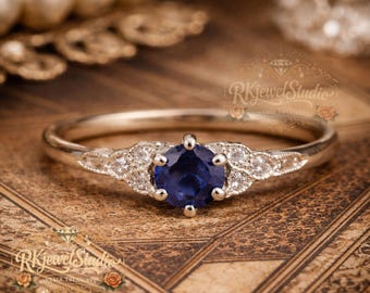 Anillo de bodas Art Déco con diamantes en oro de 14 quilates, elegante anillo de compromiso hecho a mano con zafiro verde azulado, anillo de racimo, joyería nupcial única, regalo de San Valentín.