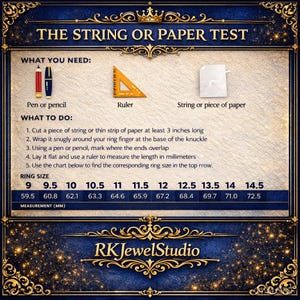 Puede incluir: Una gu&iacute;a para medir la talla del anillo utilizando la prueba de la cuerda o papel. La imagen muestra un bol&iacute;grafo, una regla y una cuerda, con instrucciones. Incluye una tabla de tallas de anillos con medidas en mil&iacute;metros.