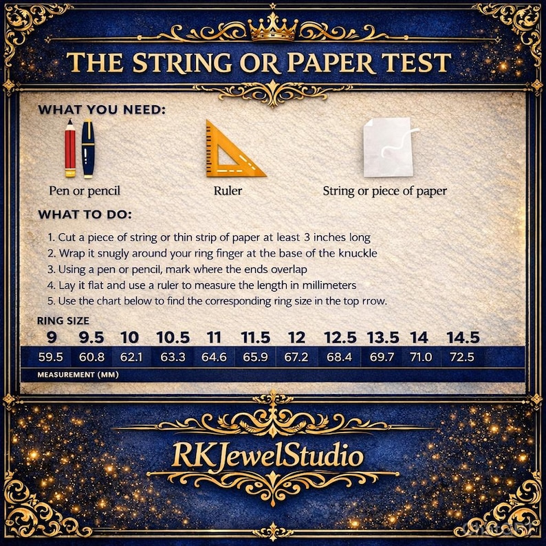 Puede incluir: Una gu&iacute;a para medir la talla del anillo utilizando la prueba de la cuerda o papel. La imagen muestra un bol&iacute;grafo, una regla y una cuerda, con instrucciones. Incluye una tabla de tallas de anillos con medidas en mil&iacute;metros.