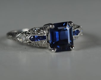 Vintage Sapphire Engagement Ring, Asscher Blue Sapphire Ring, Art Deco Diamond Ring, Antique Inspired Bridal Ring, Gifts For Her