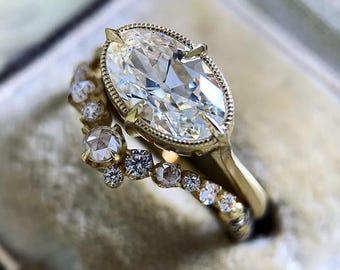 Vintage ovale verlovingsring set, Milgrain diamanten ring, clustertrouwring, antieke gouden bruidsset, unieke beloftering, cadeaus voor haar