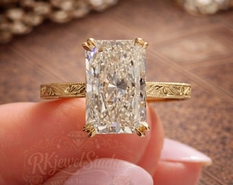 Art deco Radiant Solitaire verlovingsring geelgouden vintage gegraveerde band geïnspireerde diamanten ring antieke stijl bruidsring cadeau voor haar