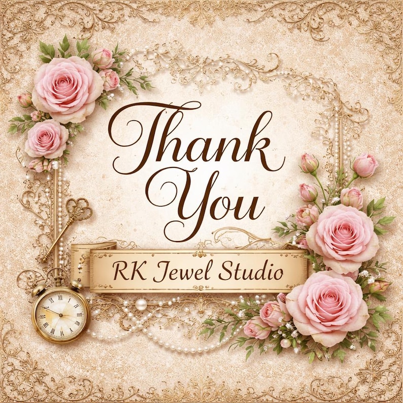 Puede incluir: Una tarjeta de estilo vintage con las palabras "Thank You" en escritura elegante. El dise&ntilde;o presenta rosas rosas, perlas y una pancarta que dice "RK Jewel Studio". Un reloj de bolsillo y una llave dorados a&ntilde;aden a la est&eacute;tica antigua.