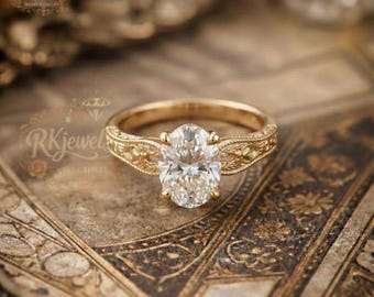 Anillo de compromiso ovalado con diamante en oro amarillo de 14 quilates, banda vintage victoriana con grabado floral, anillo de promesa antiguo, regalo de joyería nupcial para ella.