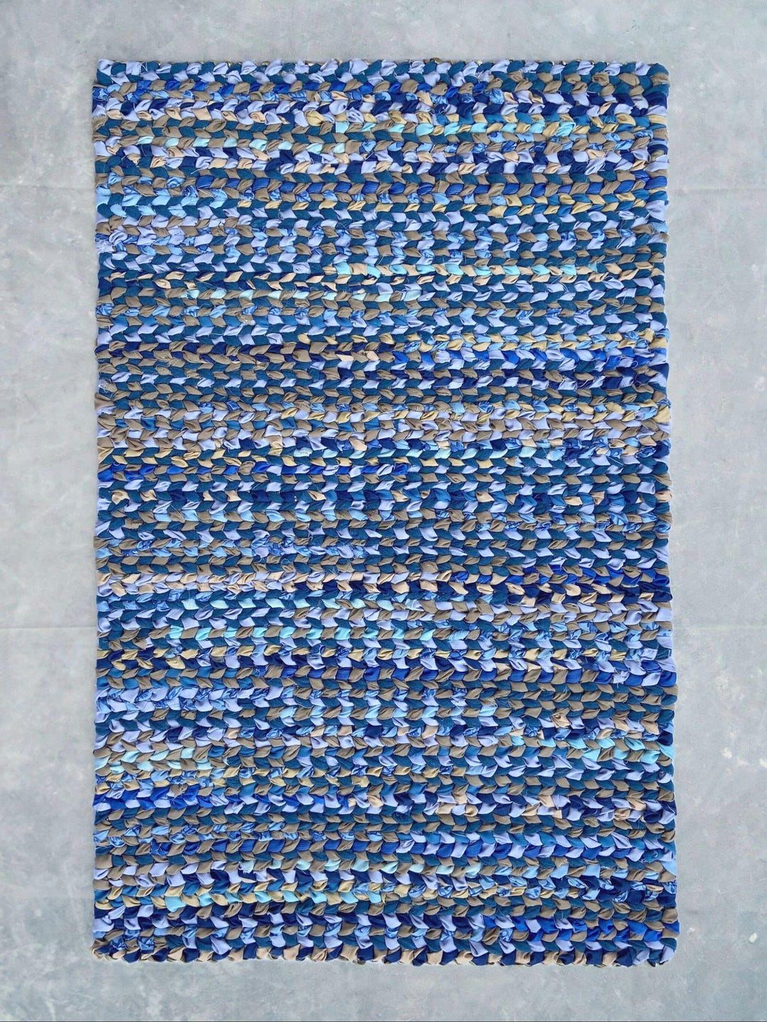 Twining Rag Rug Handwoven Twined Rag Rug, Blue & Beige, (22