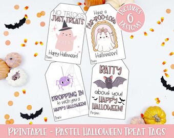 May include: A collection of six pastel Halloween treat tags with various designs. The tags feature cute illustrations of a ghost, spider, and bat, along with Halloween-themed phrases. The tags are surrounded by candy corn and decorative pumpkins.