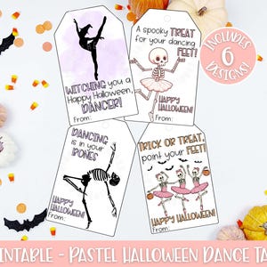 Könnte beinhalten: Sechs druckbare, pastellfarbene Halloween-Tanzanhänger sind abgebildet. Jeder Anhänger zeigt ein tanzendes Skelett oder eine Ballerina mit Halloween-Phrasen wie "A spooky TREAT for your dancing FEET!". Die Anhänger sind weiß mit rosa und schwarzen Akzenten.