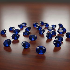 May include: A collection of oval-cut, deep blue gemstones scattered on a wooden surface. The gems are highly polished, reflecting light and creating a sparkling effect. The gemstones are likely sapphires, suitable for jewelry.