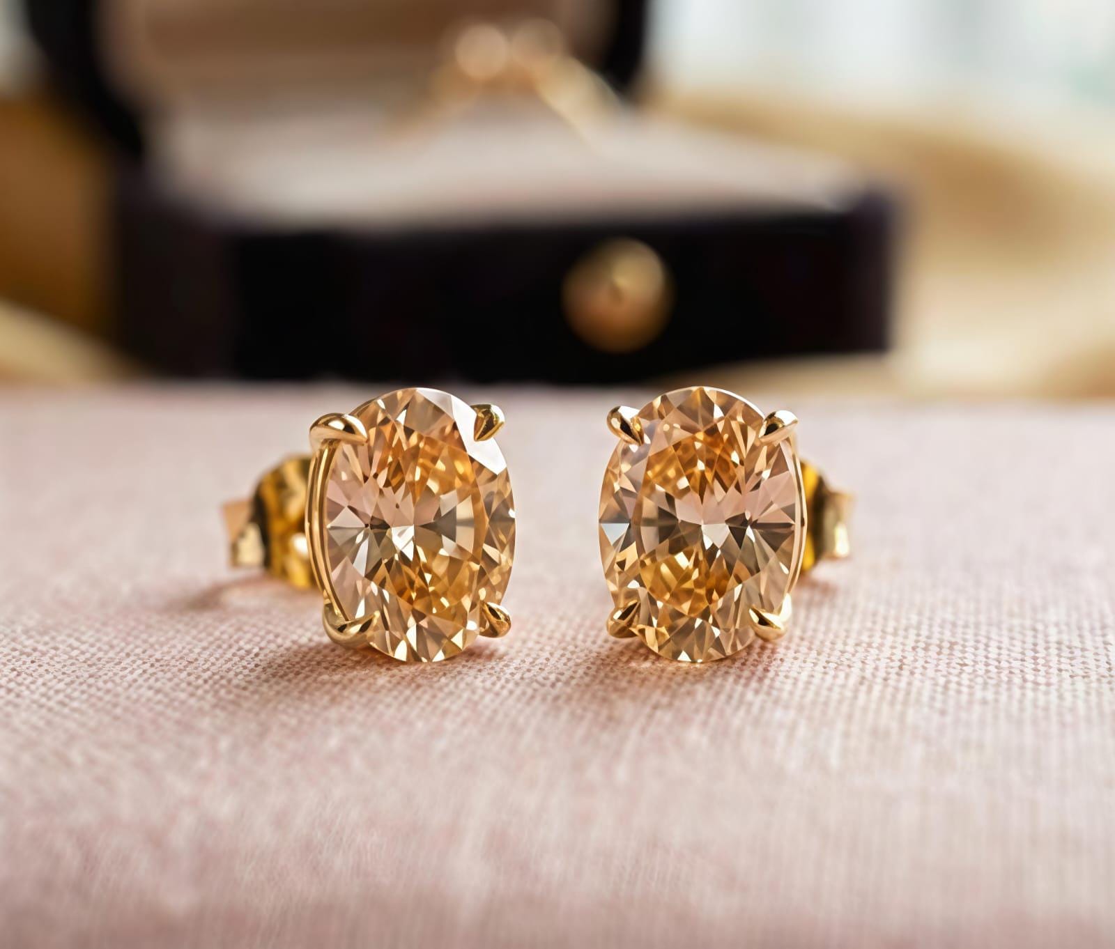 AAA+ Champagne Color Lab Grown Moissanite Diamond Stud Earrings, Sterling Silver, 7x9 MM oval Cut