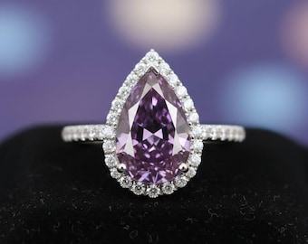 Huge 5 CT Pear Cut VVS1 Lab Grown Purple Moissanite Diamond Solitare Ring In Sterling 925 Silver Hand made,White Gold Plating Ring For Gift