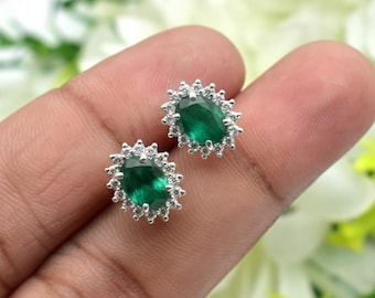 Natural Emerald Oval Shape Stud Earring, 925 Sterling Silver, White Gold Plated Gift for Her