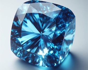 Könnte beinhalten: Ein großer, facettierter Edelstein im Kissenschliff. Der Stein hat eine leuchtende blaue Farbe und reflektiert das Licht in vielen Facetten. Der Edelstein ist vor einem weißen Hintergrund platziert, was einen schönen Kontrast erzeugt. Ein luxuriöses Schmuckstück.