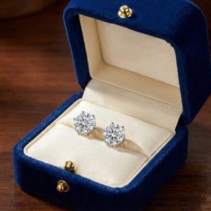 Puede incluir: Un par de pendientes de diamantes brillantes expuestos en una caja de joyería de terciopelo azul. Los pendientes son de corte redondo y reflejan la luz. La caja tiene un interior crema y herrajes dorados.