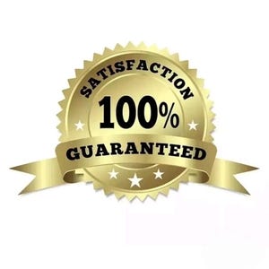 May include: A gold-coloured seal with the words "SATISFACTION 100% GUARANTEED" in black text. The seal has a starburst design around the edge and a ribbon banner with the word "GUARANTEED".