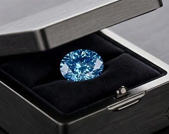 May include: A brilliant oval-cut blue gemstone rests inside a dark gray brushed metal box. The interior of the box is lined with black velvet, providing a high-contrast setting for the faceted stone, which displays deep azure and light blue tones.