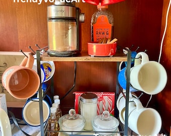 2 Tier Wood & Metal Mug Stand Rack | Kitchen  Countertop  | Coffee Bar Organizer | Mug Display Stand | Vintage Mug Tree | Kitchen Decor