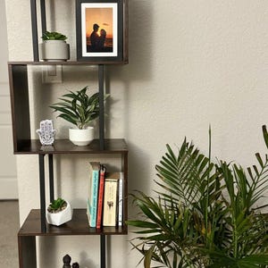 May include: A dark brown and black zigzag bookshelf with various decorative items. The shelves hold potted plants, books, a framed photo, and a decorative bowl. The text "TrendyvogueArt" is visible at the top and bottom of the image.