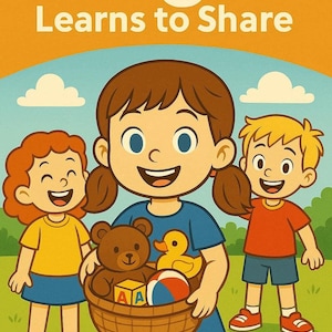 May include: Illustration of a children's book cover titled "Angel Learns to Share." The image features three smiling children and a girl holding a basket of toys, including a teddy bear, a rubber duck, and a ball. The background is a bright orange and blue.