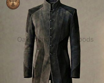 メンズレザーコート サイバーパンクジャケット – ゴシックロングコート（ダメージ加工レザー＆スエード） – スチームパンクジャケット – メンズコスプレレザー衣装