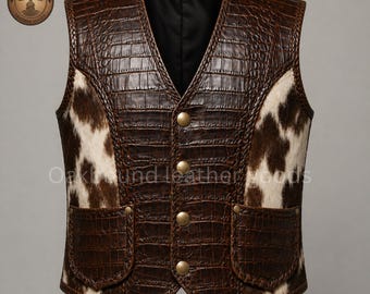 Chaleco de piel de cocodrilo y vaca, hecho a mano, estilo motero western, chaleco de cuero vintage para hombre, regalo para él.