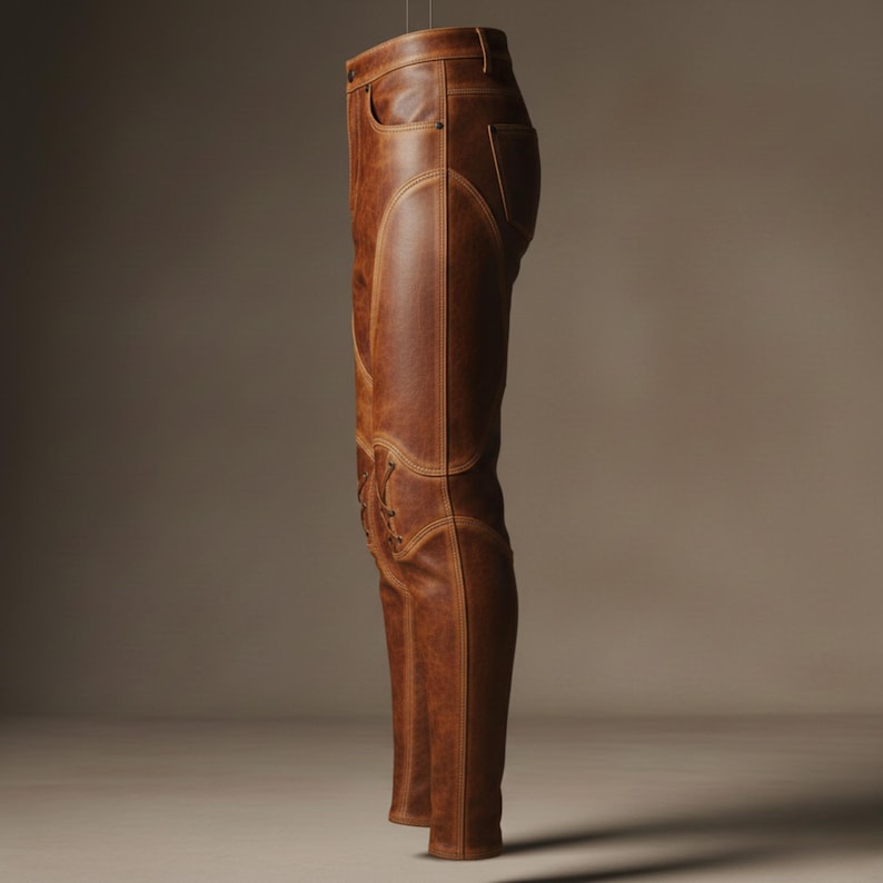 K&ouml;nnte beinhalten: Braune Lederhose mit dekorativen N&auml;hten und Schn&uuml;rdetails am Unterschenkel. Die Hose hat ein klassisches F&uuml;nf-Taschen-Design und ist vor einem neutralen Hintergrund aufgeh&auml;ngt.