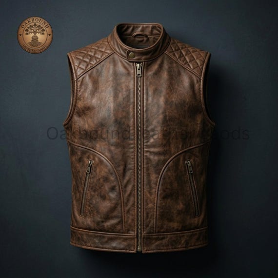 Mens Cowhide Leather Vest, Distressed Brown Biker Vest, Vintage Motorcycle Waistcoat, Real Leather Western Cowboy Vest, Handmade