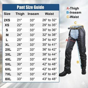 May include: Black leather motorcycle pants with a size guide chart. The chart lists sizes from 2XS to 8XL, with thigh measurements from 21 to 33 inches, inseam at 33 inches, and waist measurements from 26 to 48 inches.