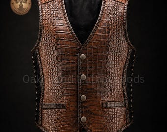 Chaleco de piel de vacuno con relieve de cocodrilo para hombre, chaleco motero marrón, chaleco de motociclista vaquero del oeste, con cierre de botones, regalo para él.