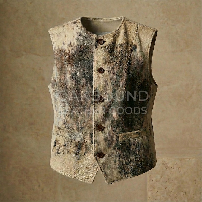 May include: A tan and brown cowhide vest with a button-up front and two front pockets. The vest has a round collar and the text "CANEBOUND LEATHER GOODS" is visible on the front.