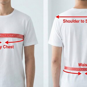 May include: Two images showing how to measure body dimensions for clothing. The front view shows a red measuring tape around the chest, labeled "Body Chest." The back view shows measurements for "Shoulder to Shoulder" and "Waist."