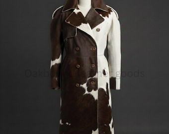 Trench coat feminino em couro bovino com pelo, casaco longo em couro bovino marrom e branco, sobretudo de couro estilo western feito à mão, casaco vintage marcante.