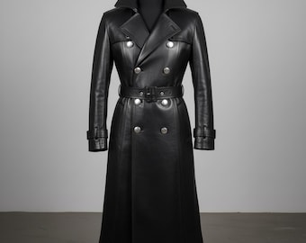 Handmade Black Leather Trench Coat for Men, Gothic Steampunk Tailcoat, Long Double Breasted Leather Overcoat, Vintage Military Style Jacket