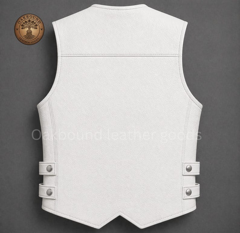 May include: A white leather vest with a V-neck design. The vest features two sets of adjustable straps with silver-colored buttons on the sides. The text "Oakbound leather goods" is printed on the vest.