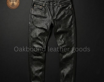 Schwarze Lederhose Herren, Schlangenhaut Textur Hose, Echte Lederhose, Slim Fit Bikerhose, Streetwear Gothic Mode