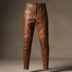 K&ouml;nnte beinhalten: Braune Lederhose mit dekorativen N&auml;hten und Schn&uuml;rdetails an den Knien. Die Hose hat ein klassisches F&uuml;nf-Taschen-Design und einen Knopfverschluss. Das Leder hat einen Used-Look.