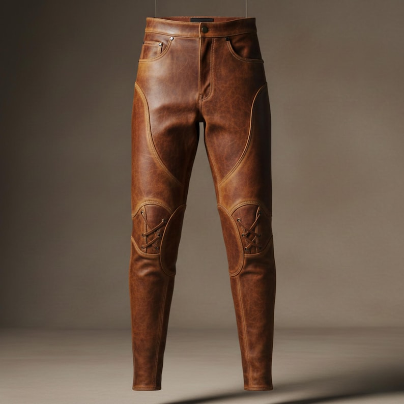 K&ouml;nnte beinhalten: Braune Lederhose mit dekorativen N&auml;hten und Schn&uuml;rdetails an den Knien. Die Hose hat ein klassisches F&uuml;nf-Taschen-Design und einen Knopfverschluss. Das Leder hat einen Used-Look.